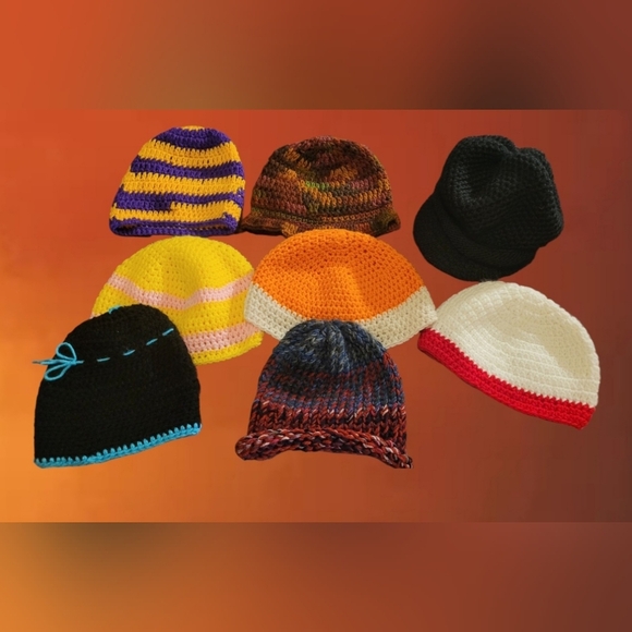 SUPER CUTE LOT OF 8 KNIT CROCHETED BEANIES ~ ONE SZ FITS MOST - Picture 1 of 4
